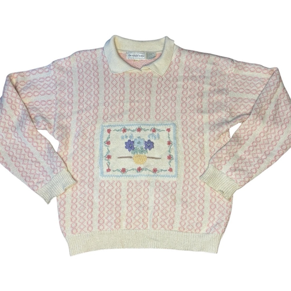 Vtg Eagle’s Eye Sweater Collared Cottagecore Granny Floral Size Large